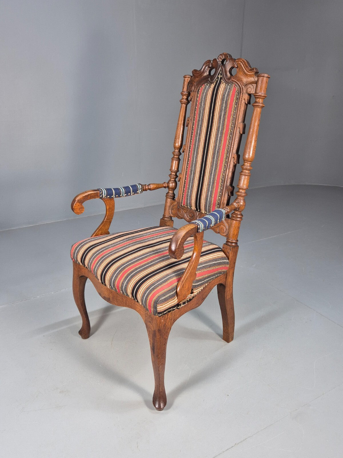 Vintage Danish Antique Armchair Early C20th Oak Frame Striped Wool EB8915 VCAR - UKDK FURNITURE