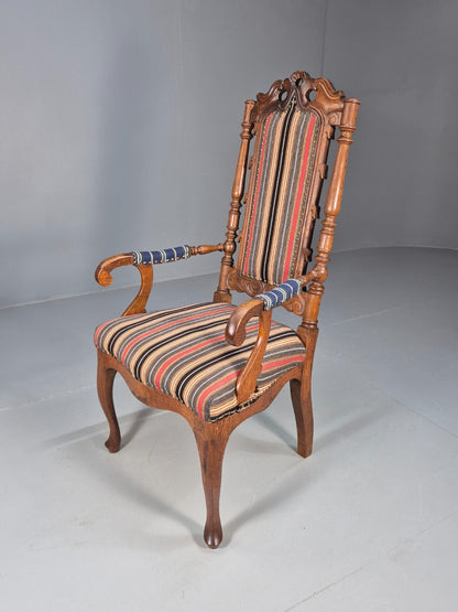 Vintage Danish Antique Armchair Early C20th Oak Frame Striped Wool EB8915 VCAR - UKDK FURNITURE