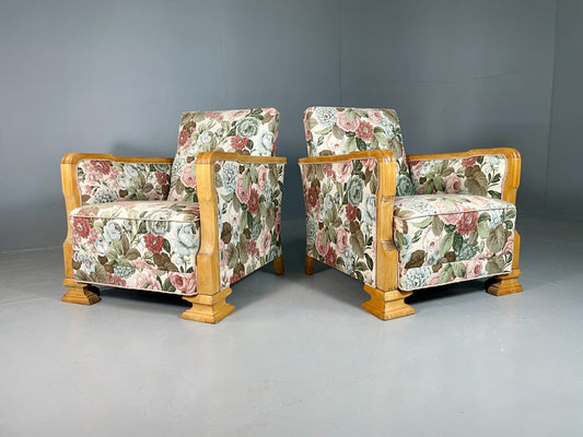 EB6654 2 Vintage Danish Lounge Chairs Floral Honey Oak Art Deco Antique VCLO - UKDK FURNITURE
