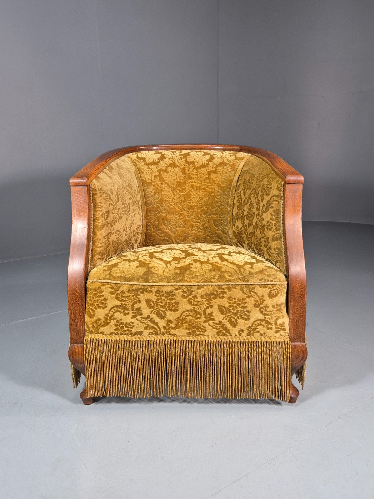 Art Deco Tub Chair Danish Vintage Gold Moquette Tassels Oak Frame  EB10753 VCLO3