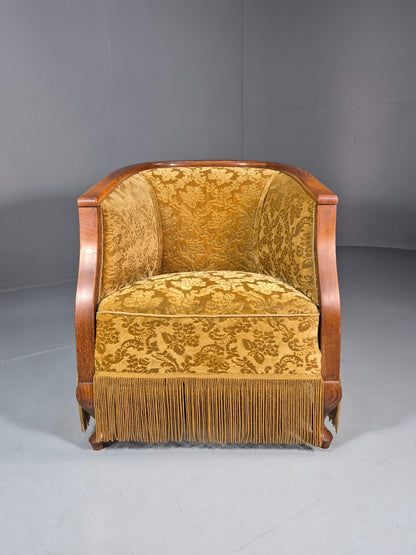 Art Deco Tub Chair Danish Vintage Gold Moquette Tassels Oak Frame  EB10753 VCLO3
