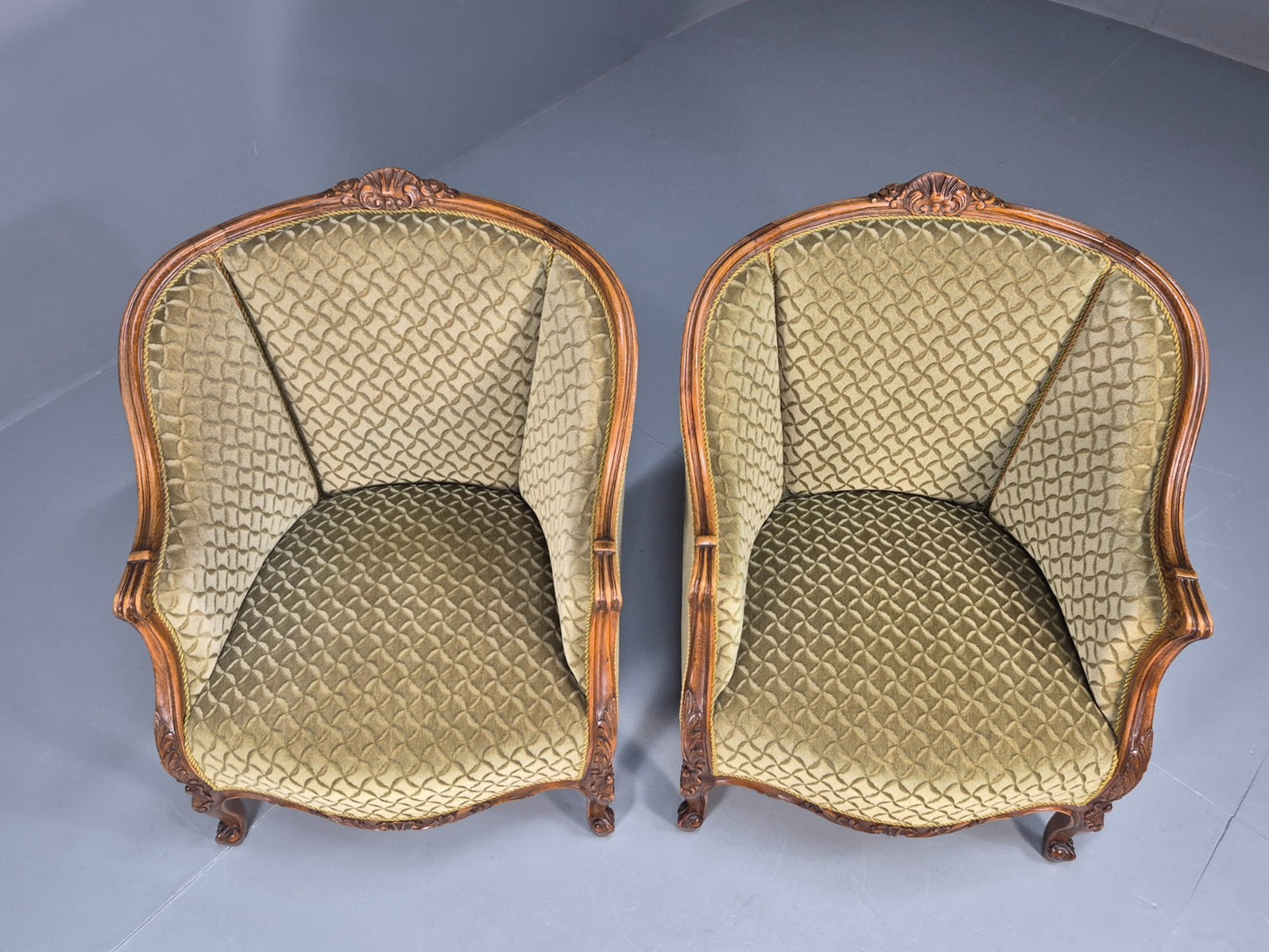 2 Antique Tub Chairs Oak Carved Frame Green Patterned Velvet 1920s EB10741 VCAR6