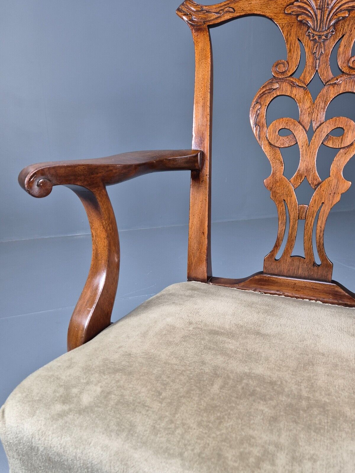 Antique Georgian Style Elbow Chair Mahogany Pad Feet Green Seat EB9387 VDIN - UKDK FURNITURE