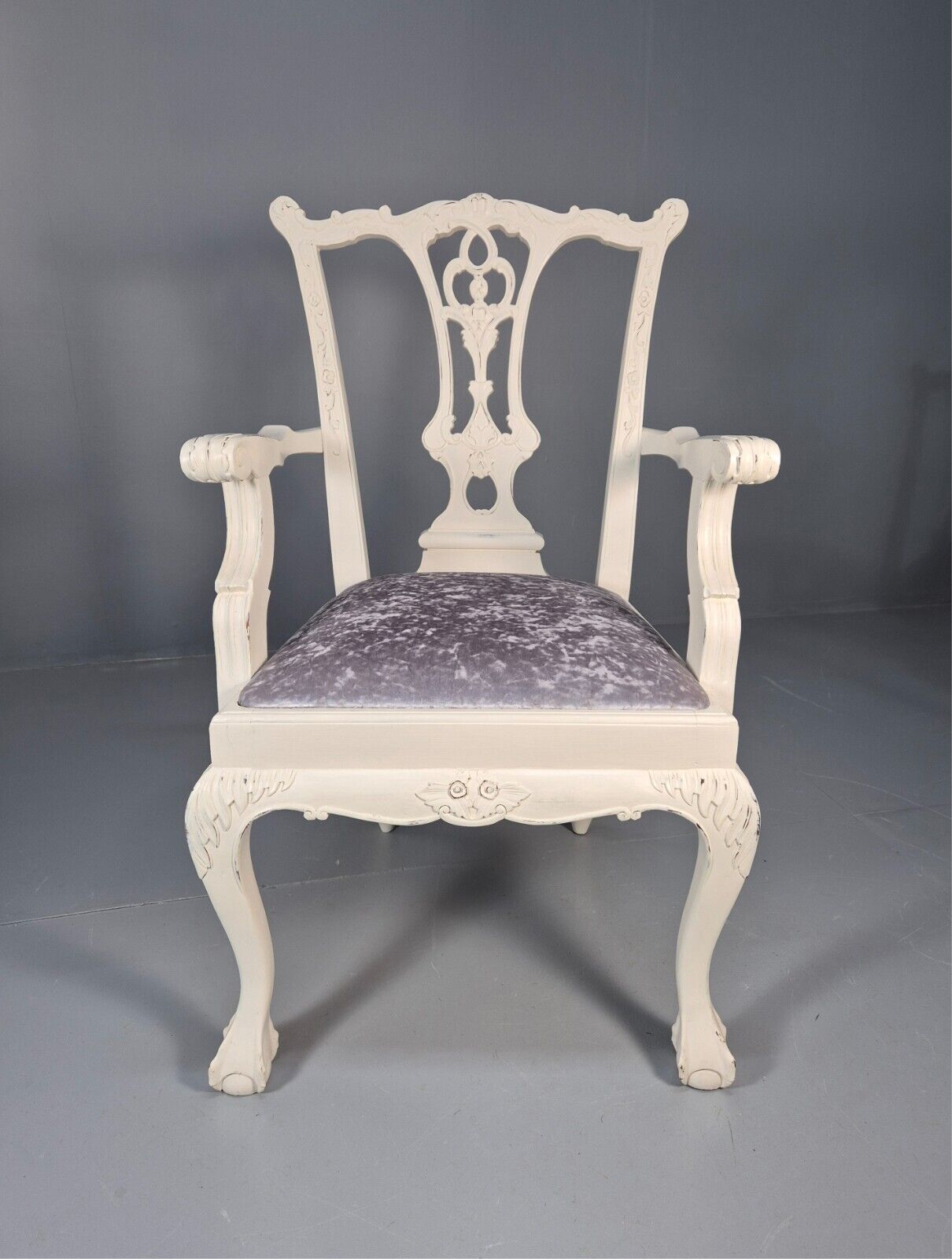 6 Vintage Chippendale Style Chairs White Painted Blue Chenille 1950s EB9394 VDIN - UKDK FURNITURE