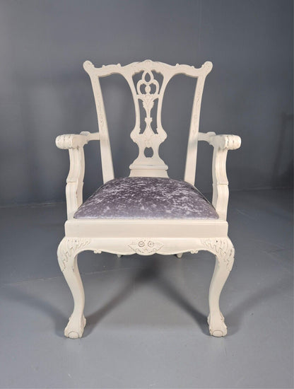 6 Vintage Chippendale Style Chairs White Painted Blue Chenille 1950s EB9394 VDIN - UKDK FURNITURE
