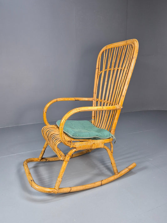 Vintage Franco Albini Style Cane Rattan Rocking Chair 1970s Retro EB9702 VBER - UKDK FURNITURE