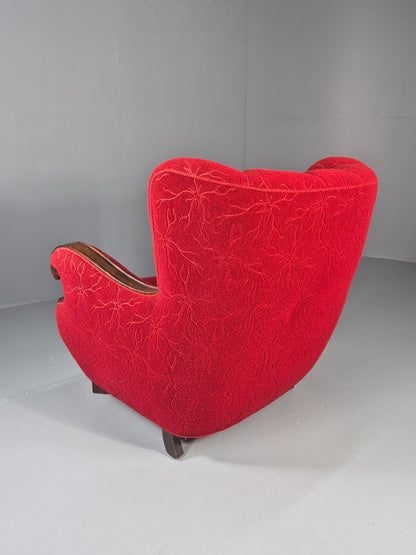 Vintage Art Deco Danish Lounge Chair Red Moquette 1930s EB11394 VCLO11