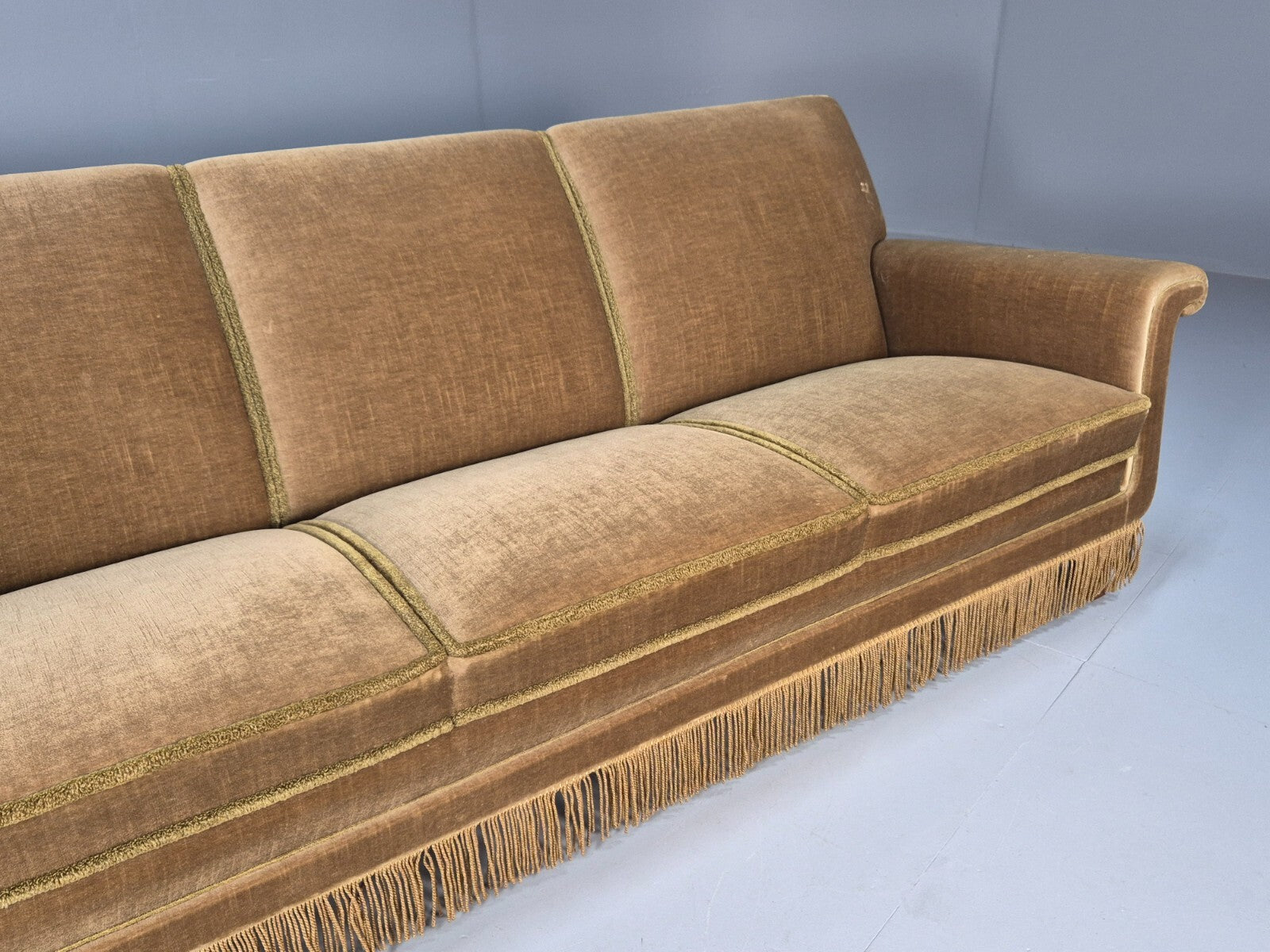 Vintage 3 Seater Sofa Green Velour Danish Mid Century Design Tassels EB9551 M3SS - UKDK FURNITURE