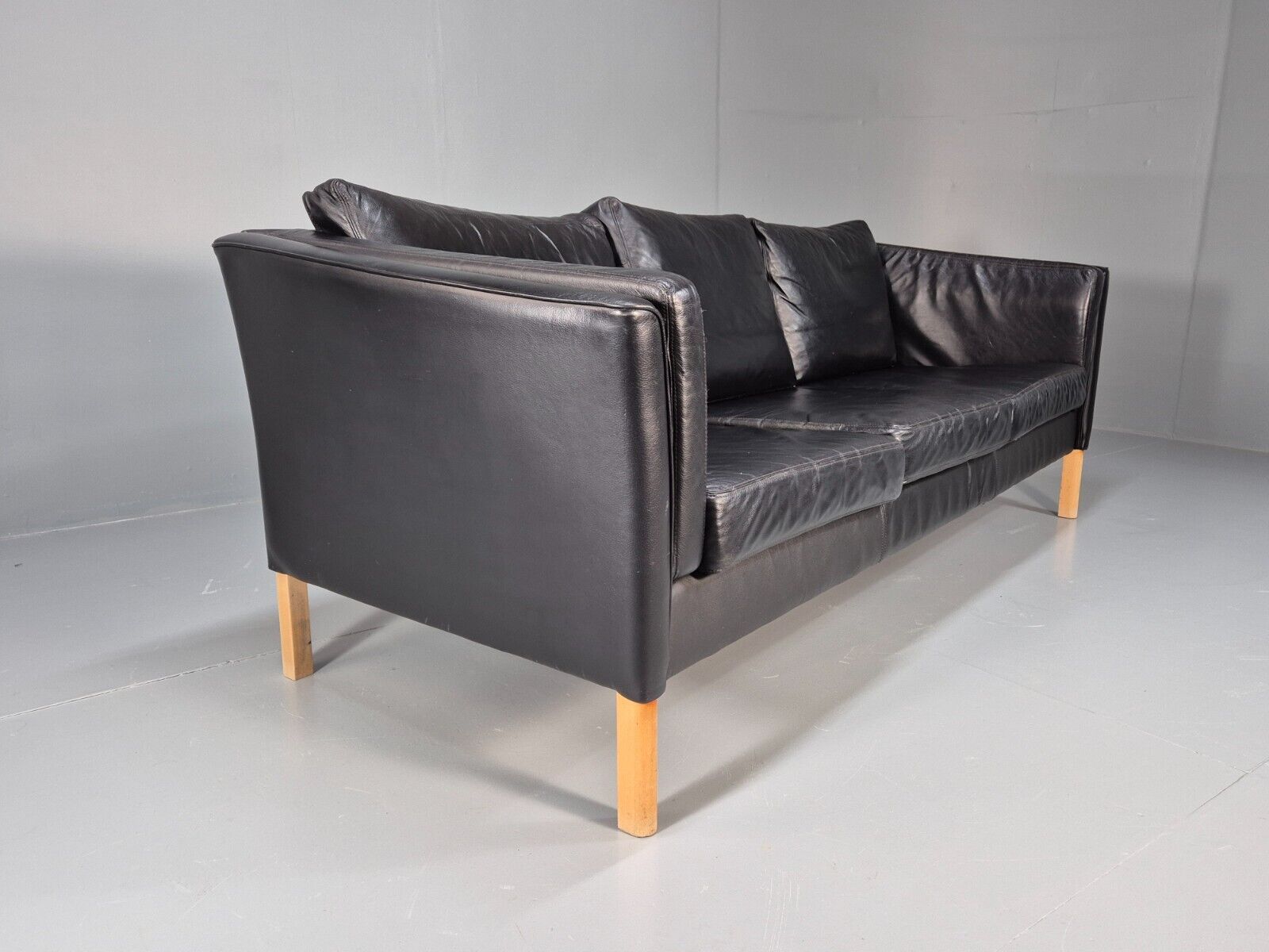 Vintage Danish 3 Seat Sofa Black Leather and Vinyl Straight Back EB8616 M3SS - UKDK FURNITURE