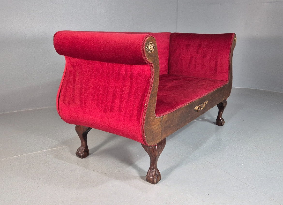 Vintage Antique Scroll End Settee Ball Claw Feet Red Velour 1900s EB7920 V2SS9