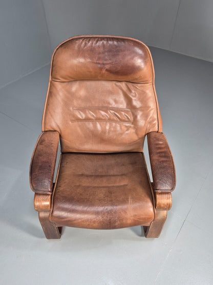 Vintage Danish Lounge Chair Brown Leather Bentwood Reclines Retro EB8783 MBEN - UKDK FURNITURE