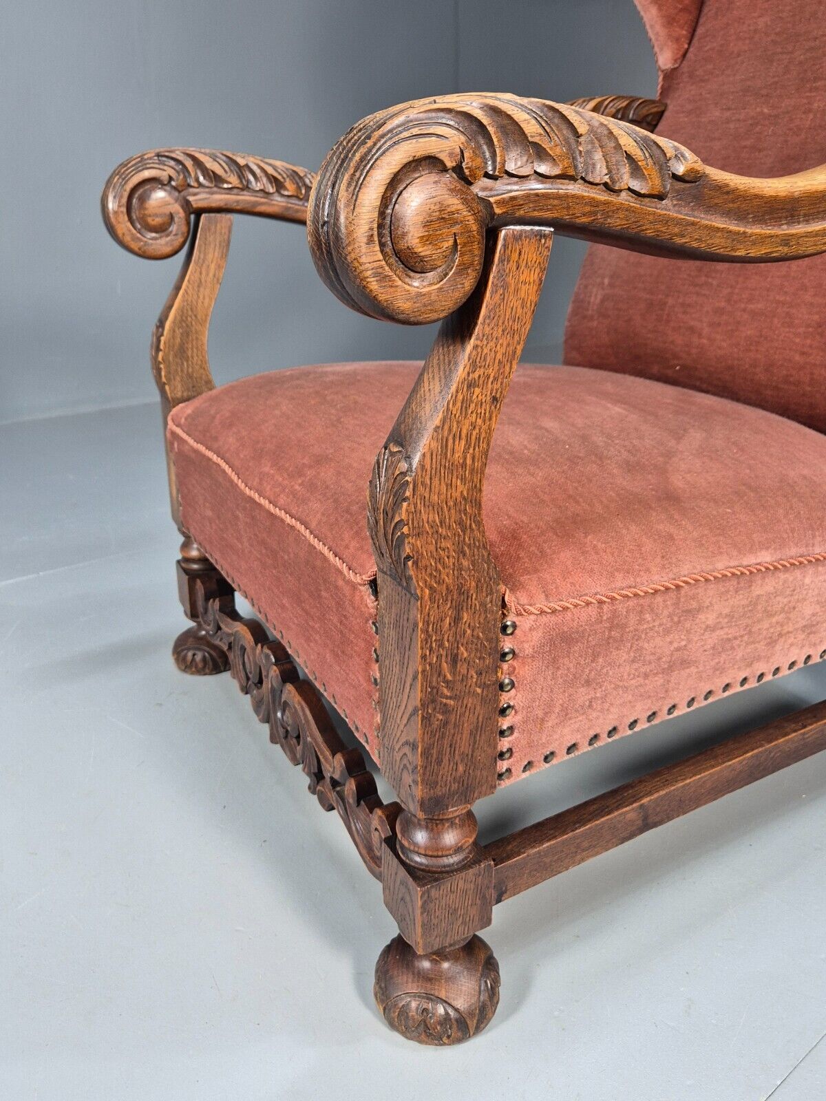 Vintage Danish Lounge Chair Pink Peach Velour Oak 17th Century Style EB8970 VCLO - UKDK FURNITURE