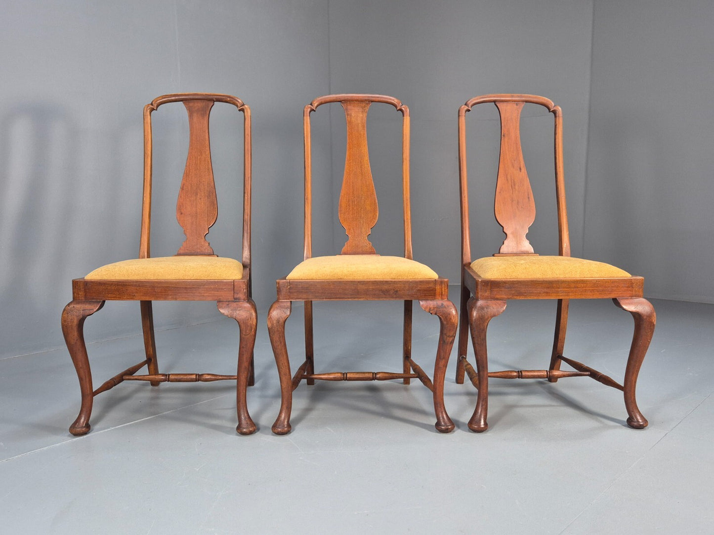 3 Walnut Queen Anne Style Dining Chairs Cabriole Pad Feet Splat Back EB9699 VDIN - UKDK FURNITURE