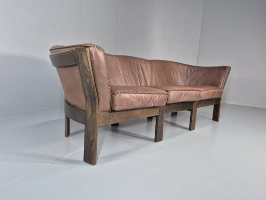 3 Seater Vintage Sofa Danish Mid Century Brown Leather 1970s Retro EB11370 M3SS1