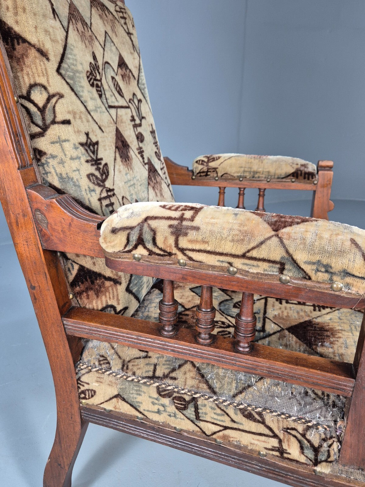 Antique Mahogany Library Chair Beige Geometric Fabric Edwardian EB9703 VCAR - UKDK FURNITURE