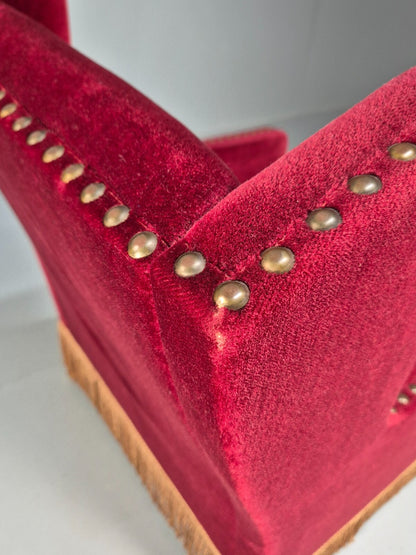 Vintage Danish Wingback Lounge Chair Red Velour Tassels 1940s Retro EB9614 VCLO - UKDK FURNITURE