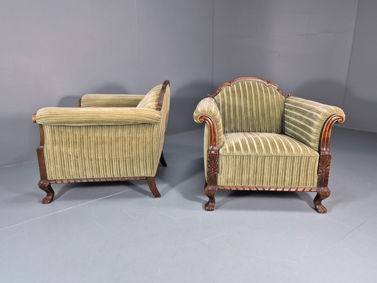 2 Antique Deep Lounge Chairs Oak Frame Green Corduroy 1900s  EB10758 VCAR8