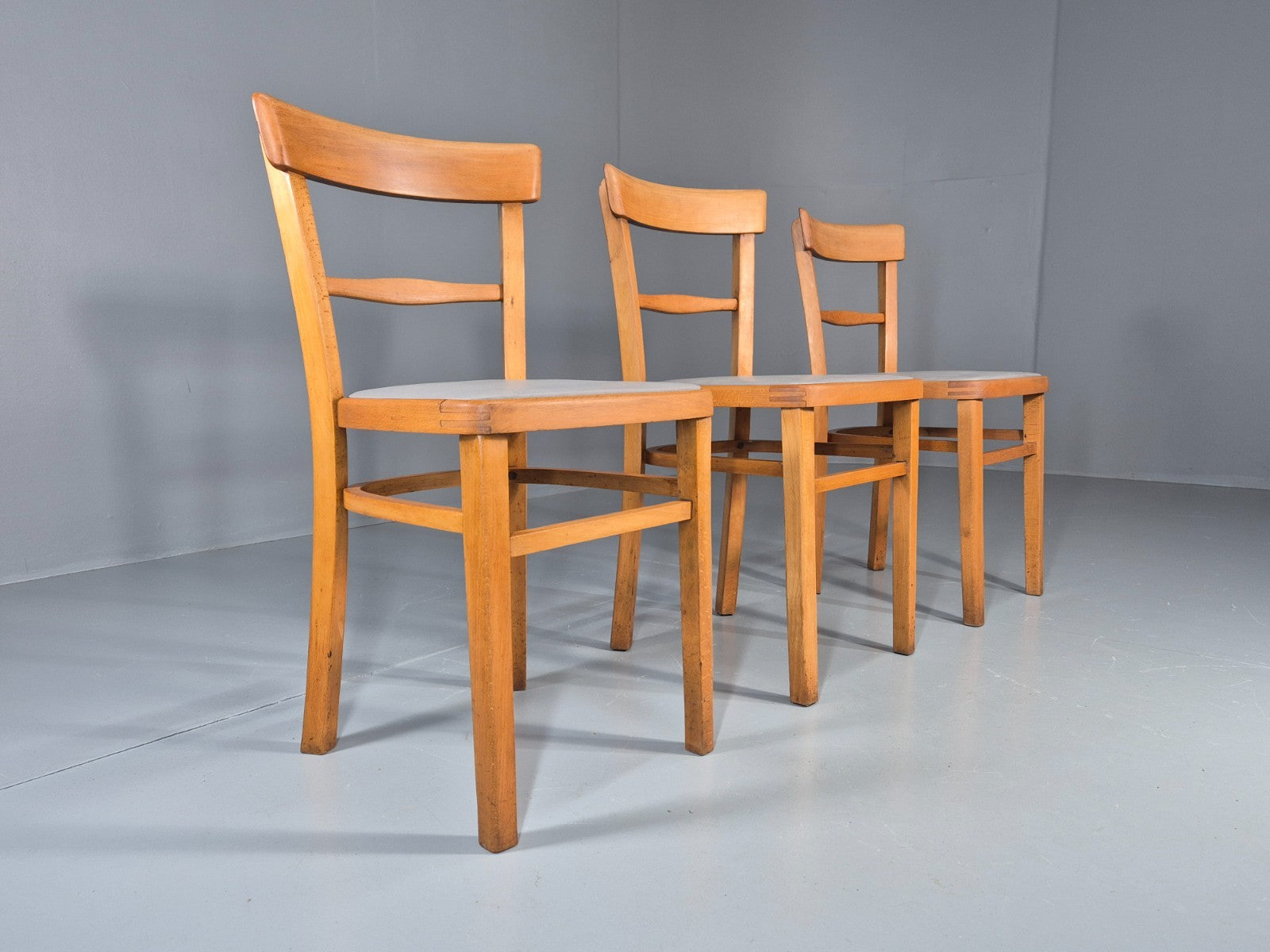3 1960s Kitchen Chairs Beech Frame Grey Vinyl Seats Retro EB11475 MDIN1