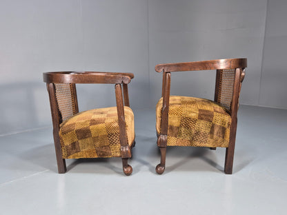 Pair Art Deco Tub Chairs Bergere Back Oak Frame Brown Velour 1930s EB10696 VCAR13