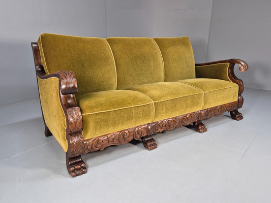 Vintage Danish Baroque Style 3 Seat Settee Green Velour Antique 1920 EB9653 V3SS - UKDK FURNITURE