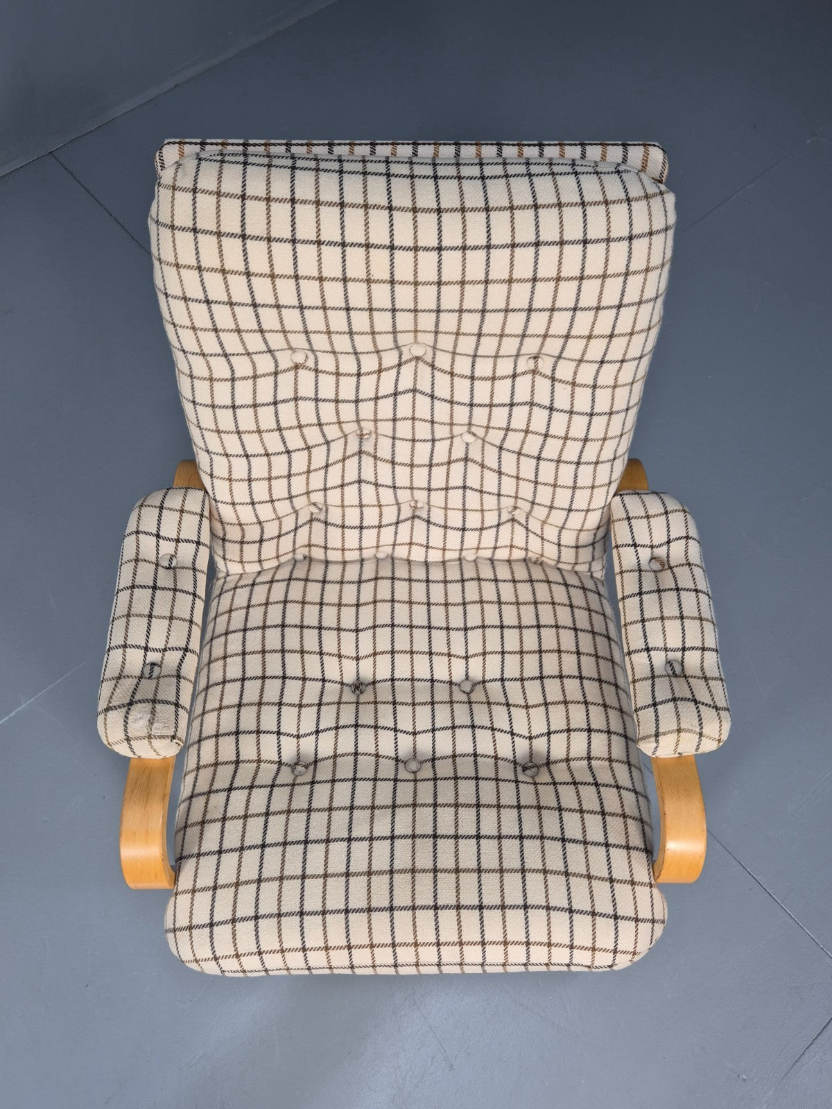 Vintage Bentwood Lounge Chair Danish Cream Wool Check 1980s Retro EB10334 MBEN16