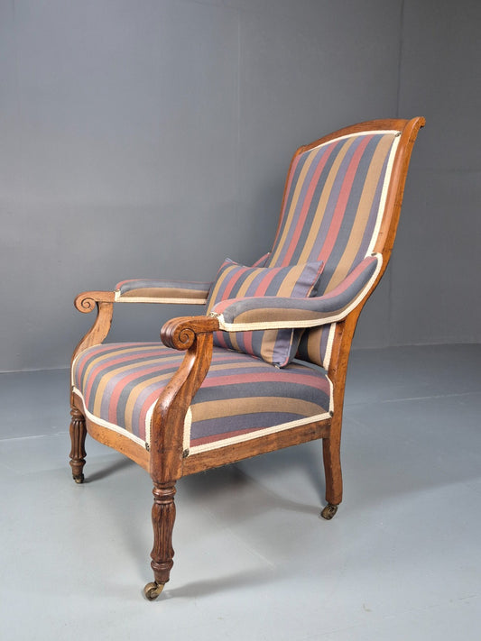 Antique Mahogany Lounge Chair Striped Cotton Upholstery EB10625 VCLO1