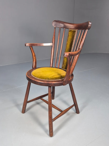 Edwardian Penny Seated Elbow Chair Mahogany Frame green Velour 1900 EB10612 VWOO0