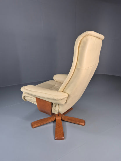 Vintage Danish Swivel Recline Lounge Chair Cream Leather 1990s  EB11400 MSWI6