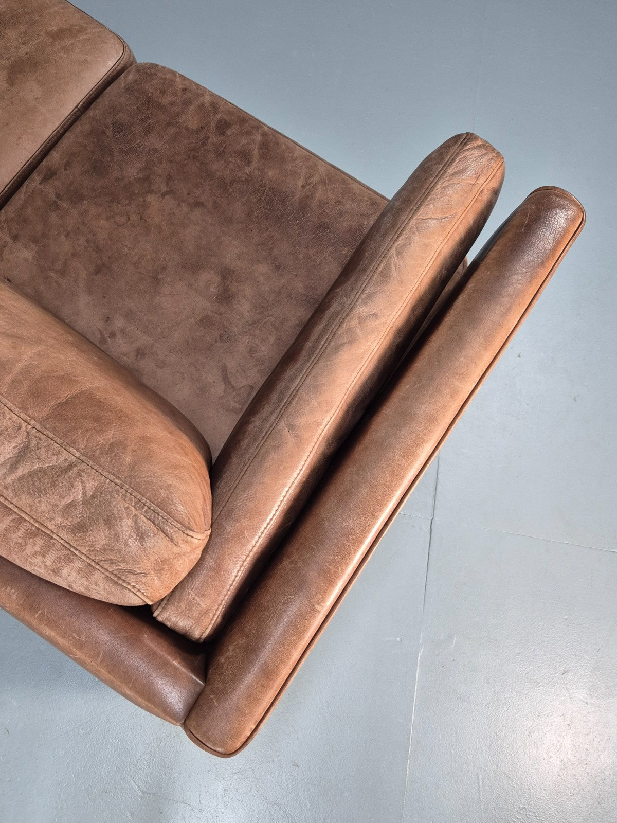 Retro Three Seater Sofa Brown Leather Danish Mid Century Design 70s EB10106 M3SS16