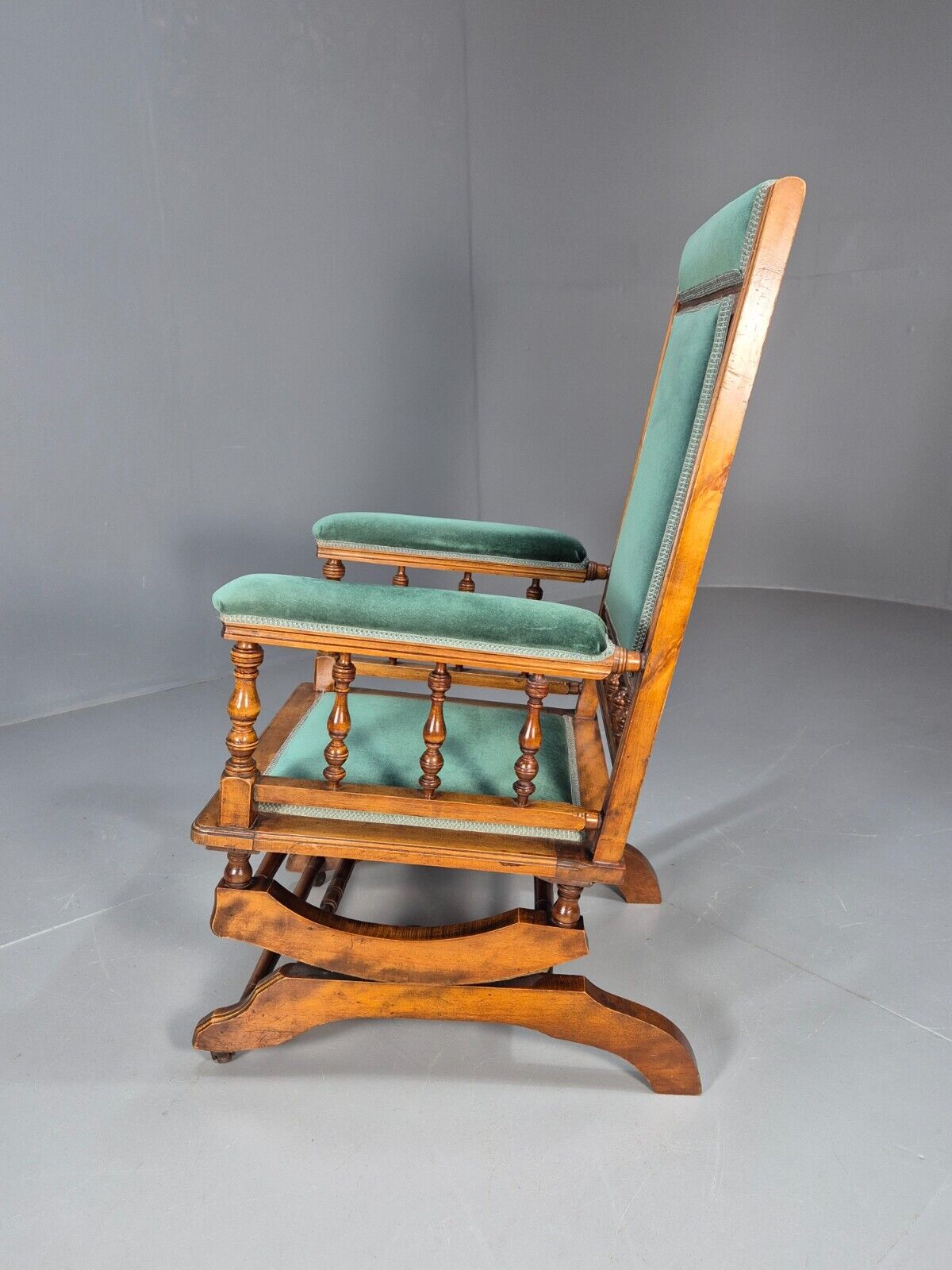 An Edwardian Mahogany Rocking Chair American Style Green Velvet EB9386 VCLO - UKDK FURNITURE