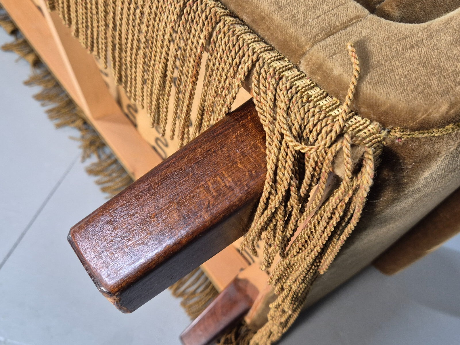 Vintage 3 Seater Sofa Green Velour Danish Mid Century Design Tassels EB9551 M3SS - UKDK FURNITURE