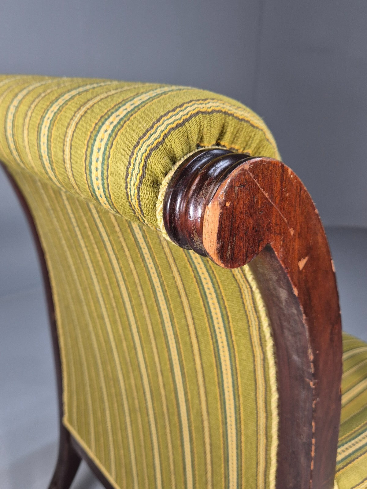 Antique Green Striped Armchair Carved Lion Figures Danish Mahogany EB9626 VCAR - UKDK FURNITURE