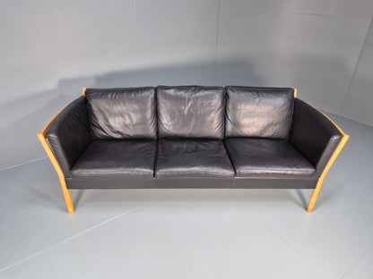 Mid Century Three Seater Sofa Beech Ends Black Leather 1980s Retro EB10399 M3SS5