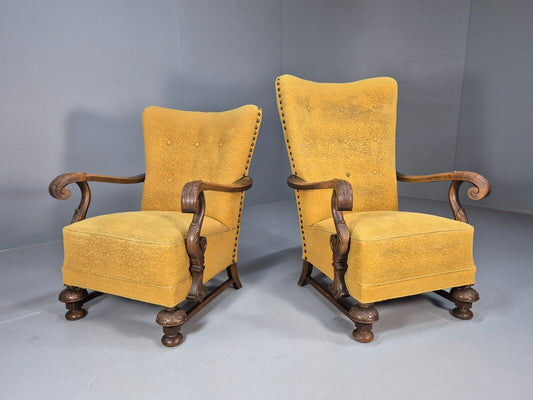 2 Vintage Baroque Armchgairs in Oak and Mustard Moquette 1940s EB9005 VCLO - UKDK FURNITURE