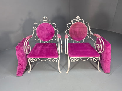 2 Vintage Pink Velvet and Wrought Iron 1950s Chairs French Orangery EB9677 VCLO - UKDK FURNITURE