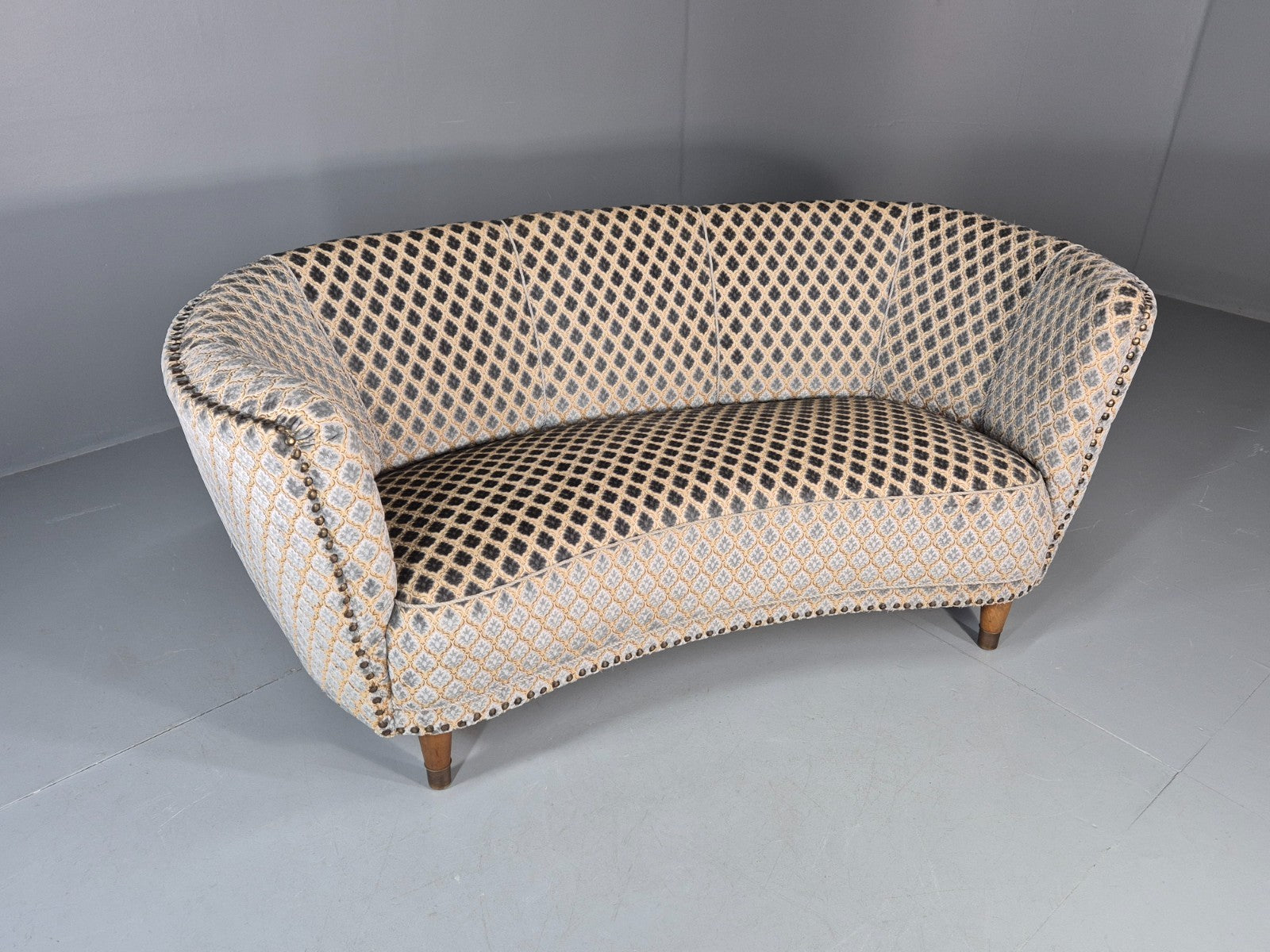 Vintage Three Seater Danish Banana Sofa 1930s Art Deco Cut Cotton EB10782 V3SS1