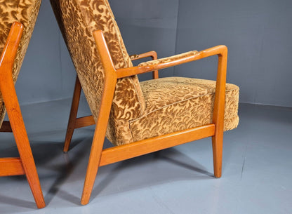 2 Swedish Lounge Chairs Gold Floral Moquette Beech Vintage 1960s MCM EB7031 MNOR7