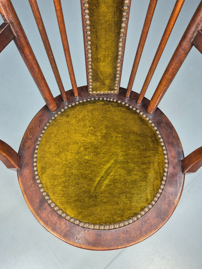 Antique Edwardian Penny Seated Elbow Chair Green Velour EB10612 VWOO12