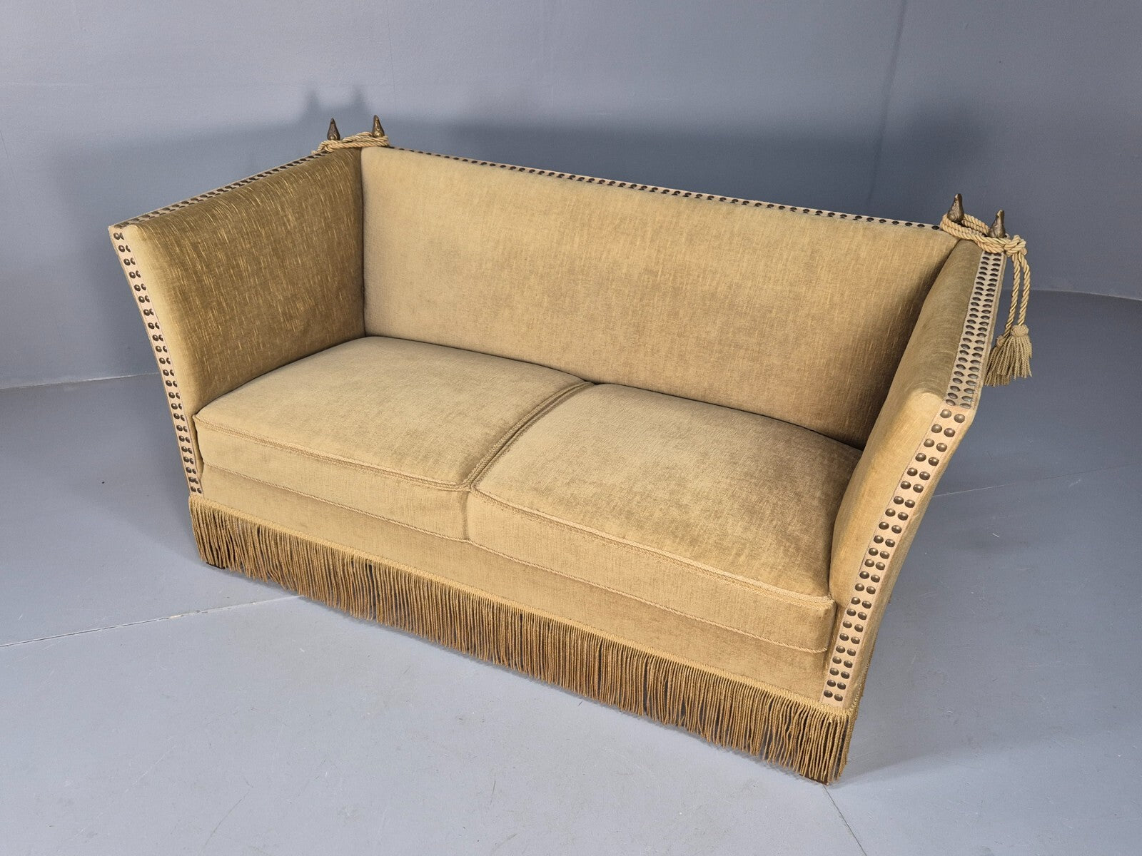 Vintage Two Seater Sofa Green Velour Studded Tassels Danish Design EB9549 V2SS - UKDK FURNITURE