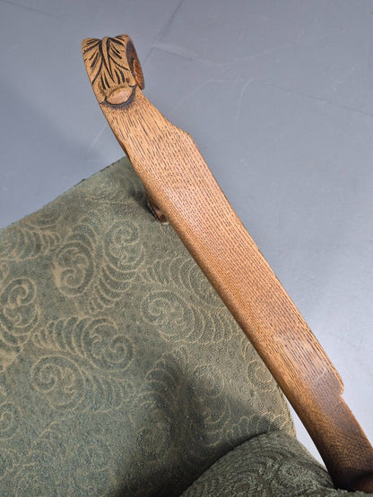 Vintage Danish Lounge Chair Green Moquette Carved Oak Frame 1940s EB8998 VCLO - UKDK FURNITURE