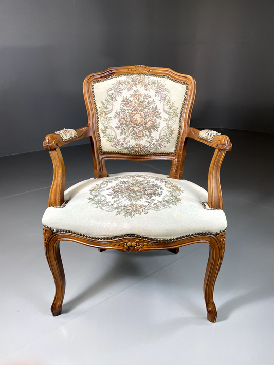 Vintage Danish Louis Style Fauteuil Chair, Embroidered Upholstery, EB5580 VCLO - UKDK FURNITURE
