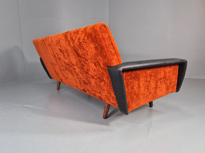 Vintage 3 Seater Sofa Vinyl Orange Velour 1960s Retro Mid Century EB11333 M3SS14