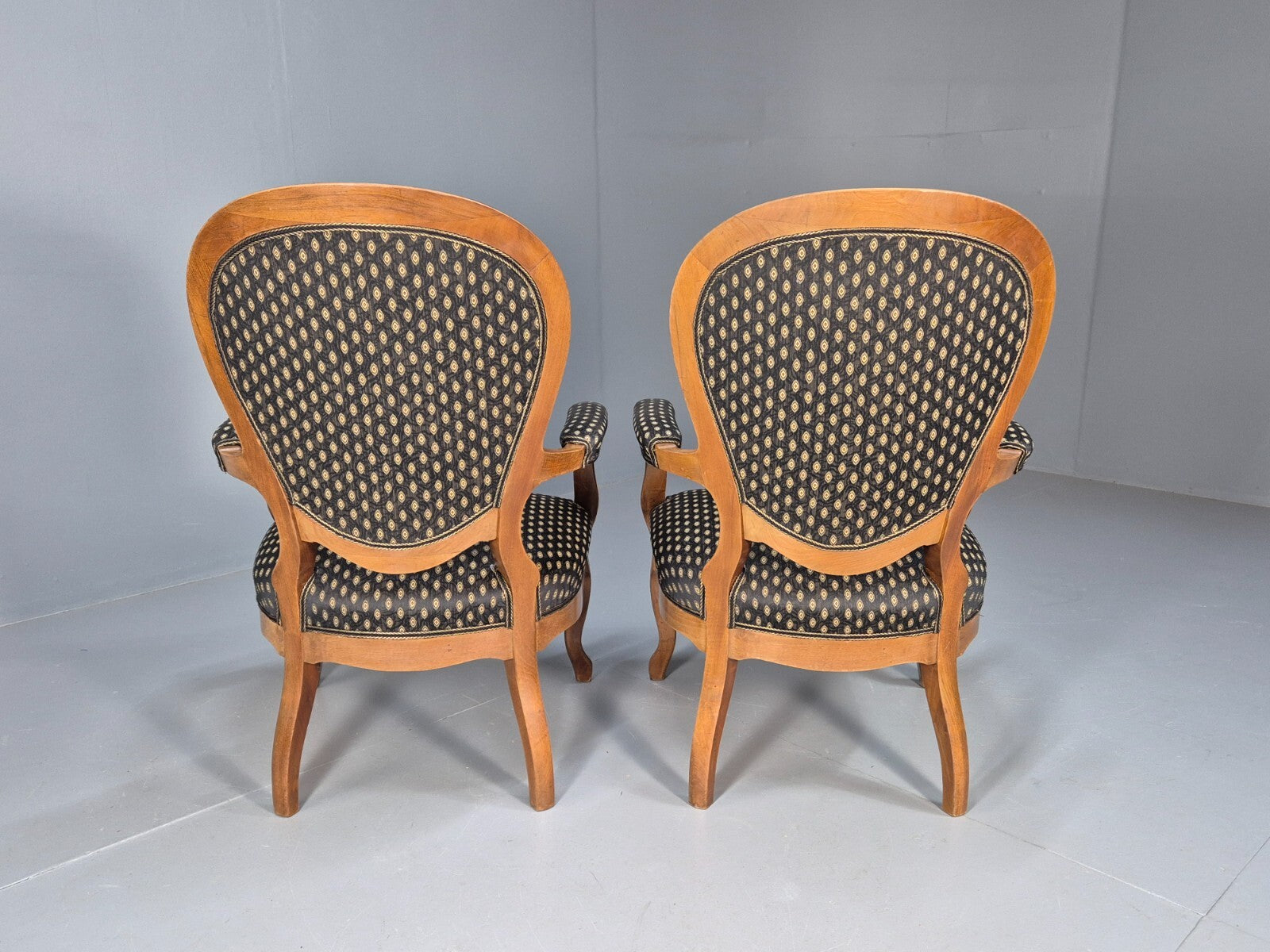 Antique Mahogany Armchair Pair Black Pattern Fabric Louis XV Style EB9558 VCLO - UKDK FURNITURE