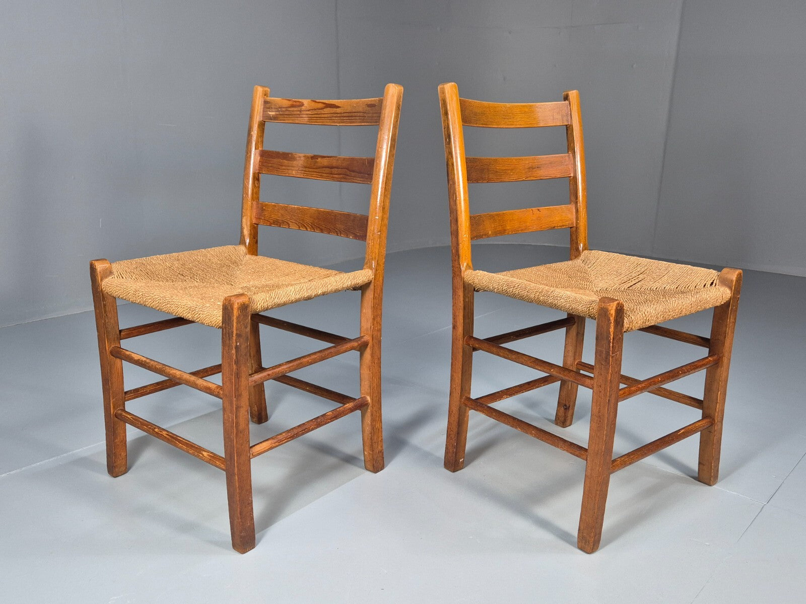 2 Vintage Pine and Paper Cord Dining Chairs French Country Style EB9495 VDIN - UKDK FURNITURE