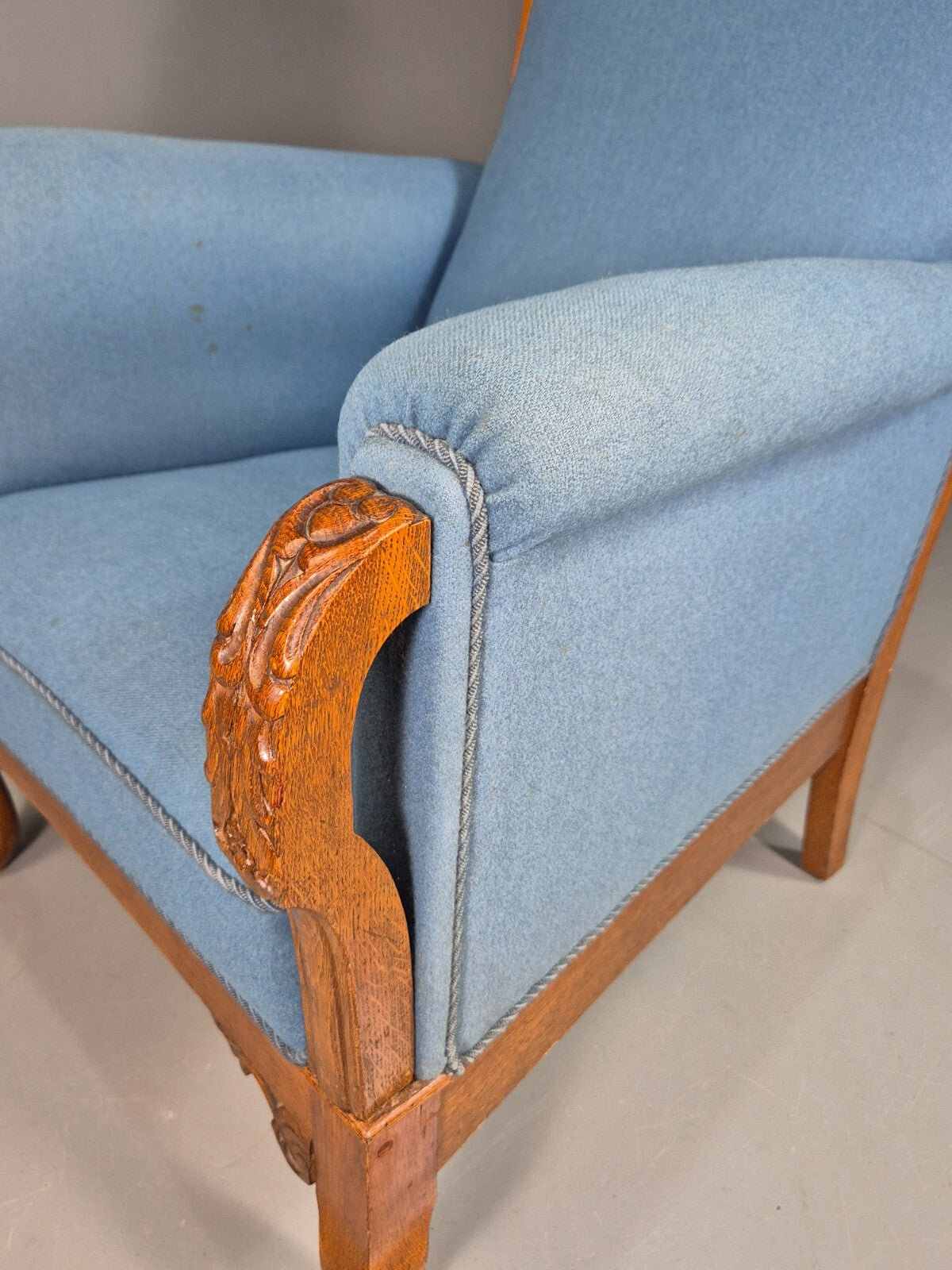 Vintage Danish Lounge Chair Blue Cloth Oak Frame 1900s Antique VCLO EB781314