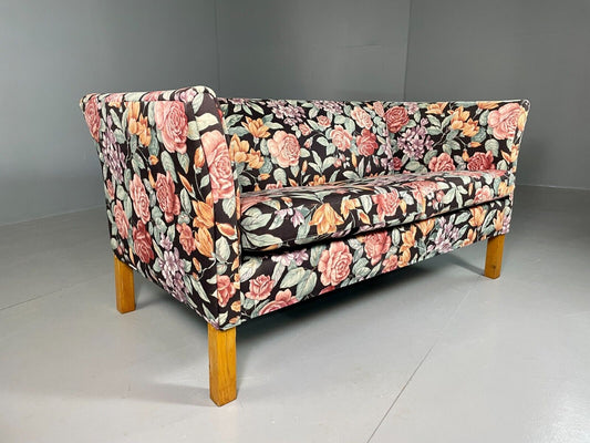 Vintage Danish 2 Seat Sofa Floral Print Oak 1970s Retro Mid Century EB6679 M2SS - UKDK FURNITURE