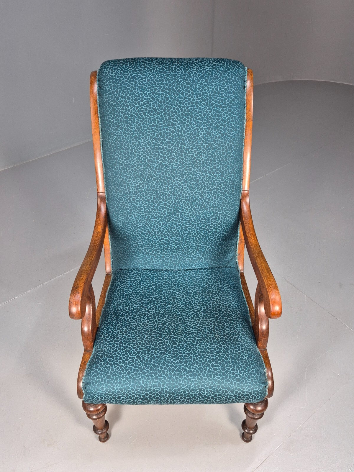 Antique Danish Oak Armchair Blue Pattern Fabric Vintage Design EB9625 VCLO - UKDK FURNITURE