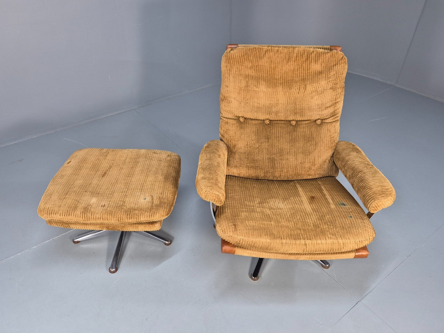 1970s Swivel Chair and Footstool Gold Corduroy Chrome Danish Elu EB10688 MSWI15