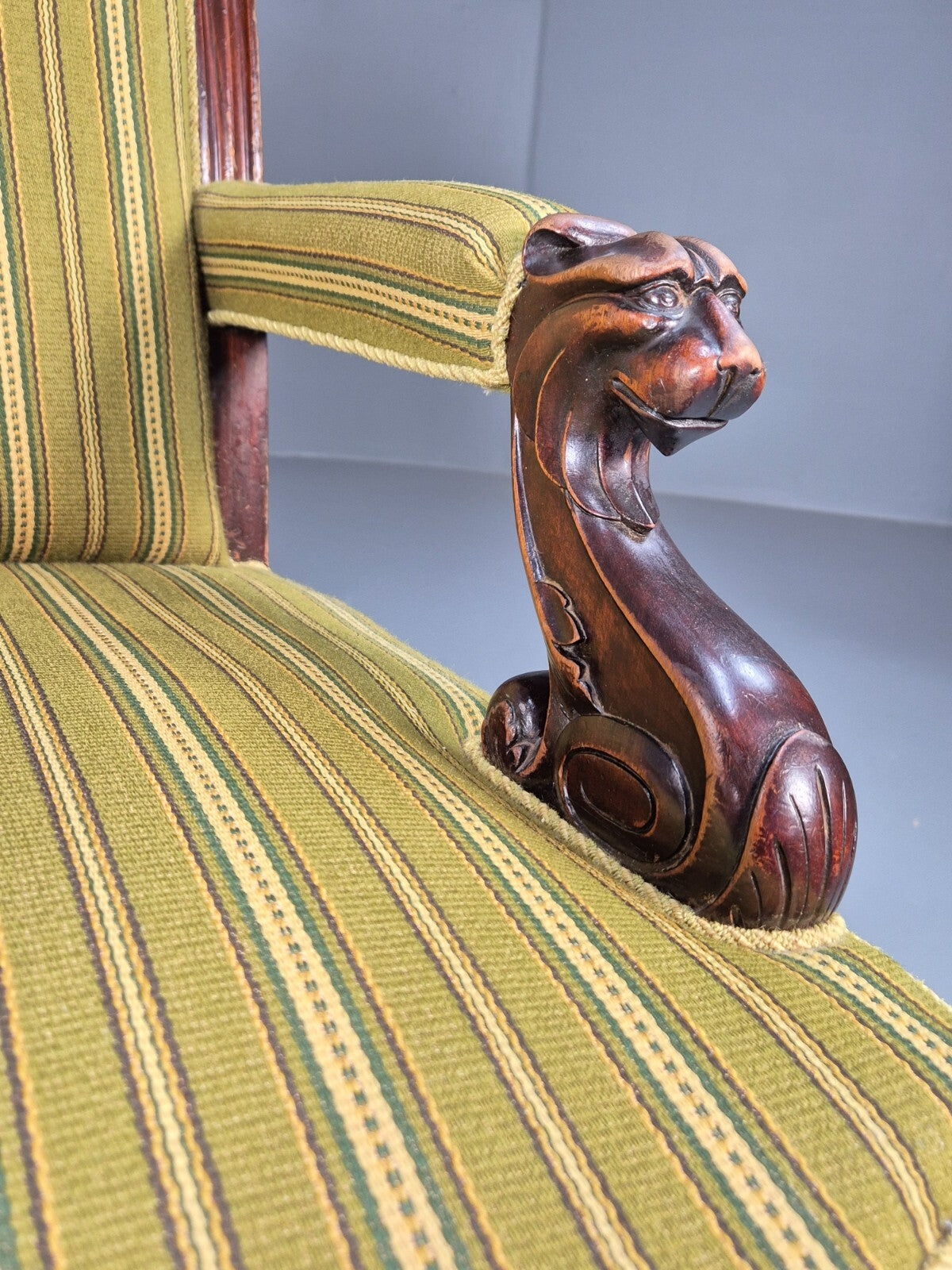 Antique Green Striped Armchair Carved Lion Figures Danish Mahogany EB9626 VCAR - UKDK FURNITURE