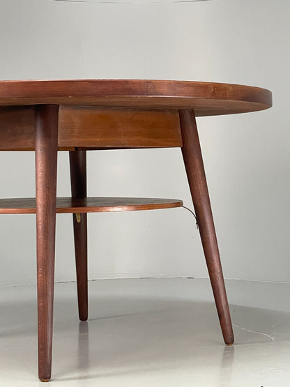 Vintage Round Dining Table 1960s Mid Century Formica Teak Shelf EB11810 MWOO21